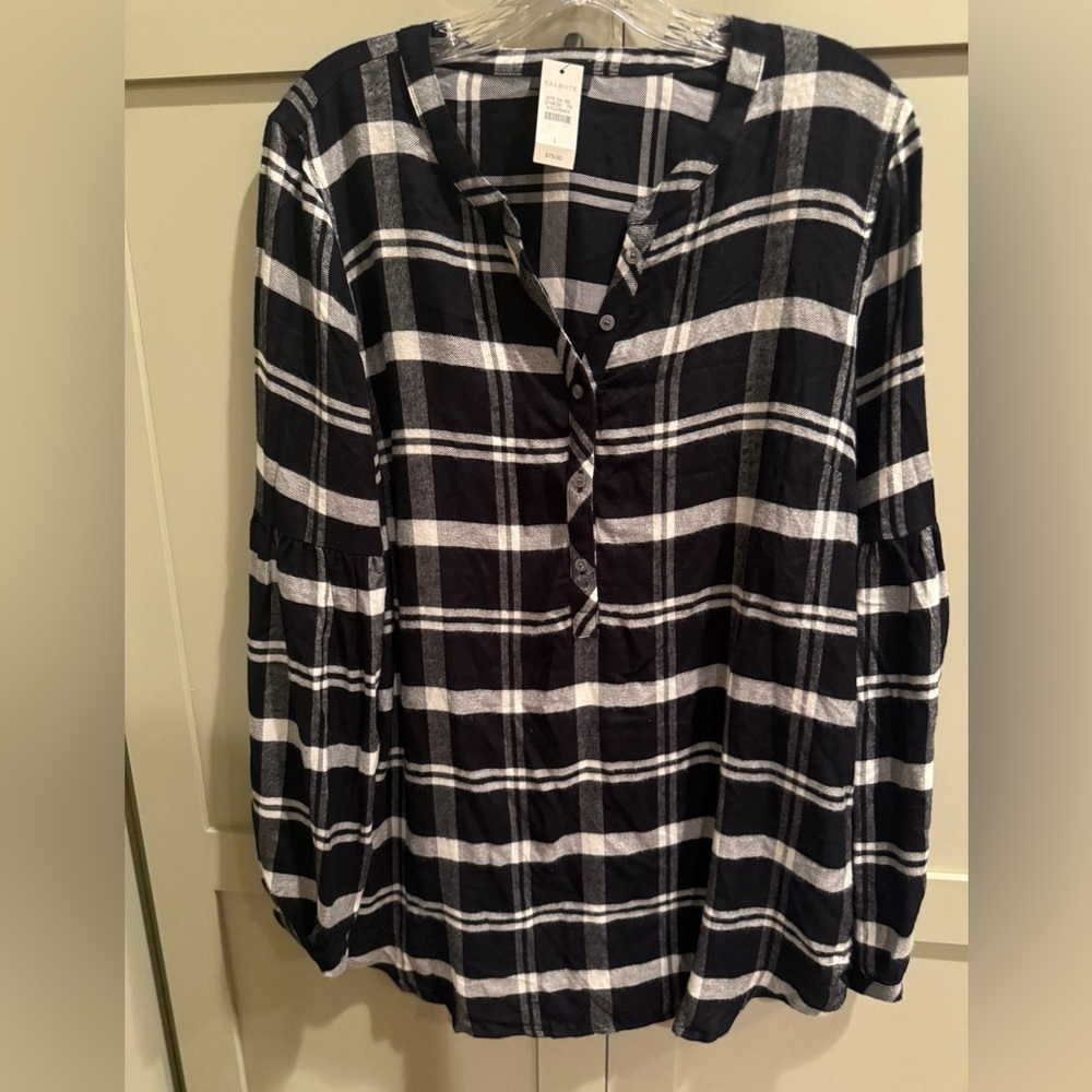 NWT Talbots Black & White Plaid  Flannel VNeck Pullover w Balloon Sleeve SZ L